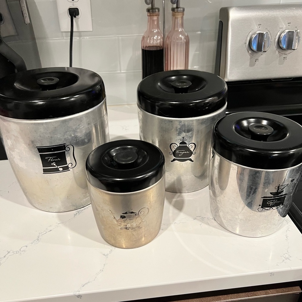 Vintage West Bend Silver Kitchen Canister Set with Black Lids